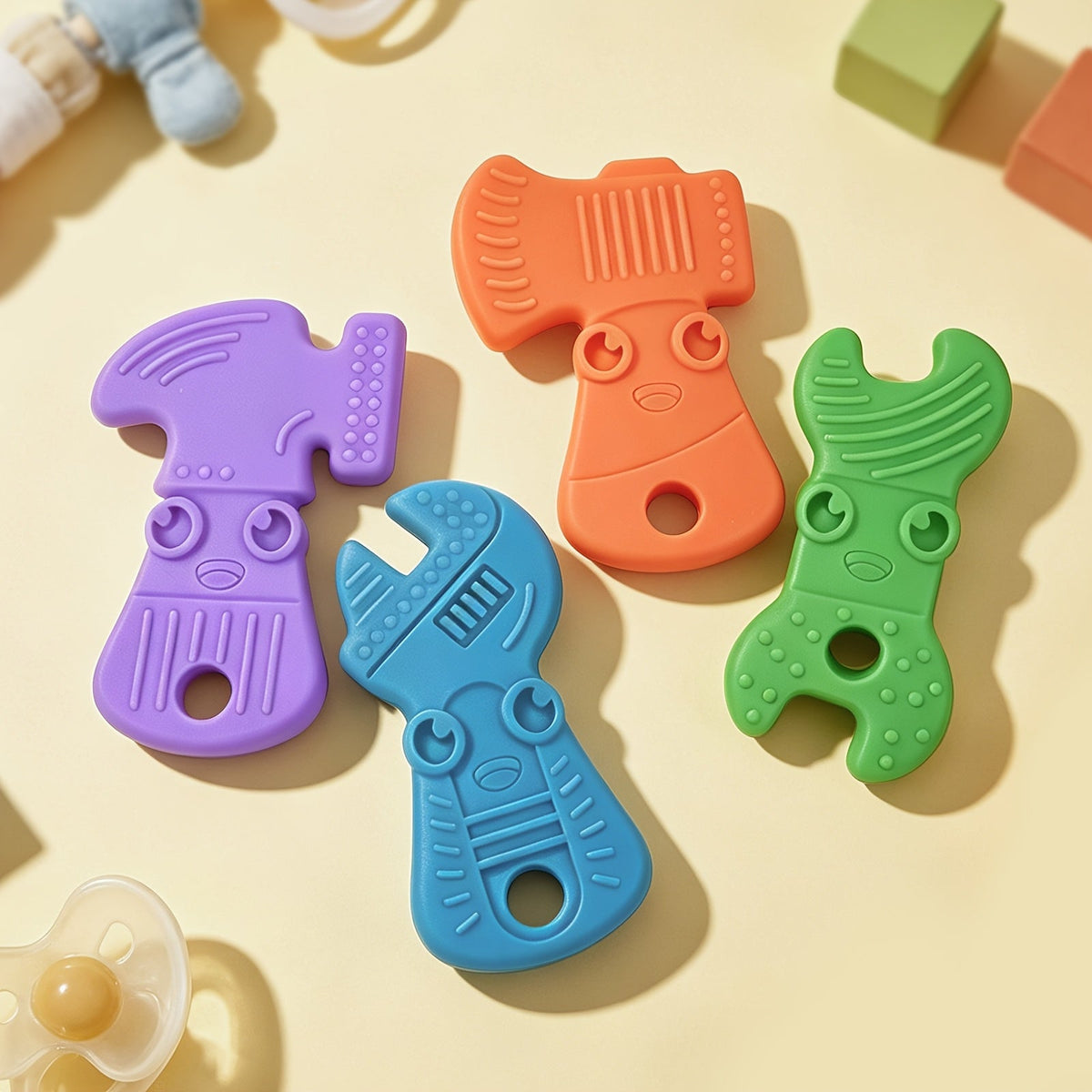 4-Pack Silicone Baby Teething Toys Set, Tool-Shaped Molar Teether Chew Toys (Hammer Wrench Spanner Pliers) for Boys & Girls 0+, Soft Textured Easy to Hold & Clean, Light & Dark Color Series