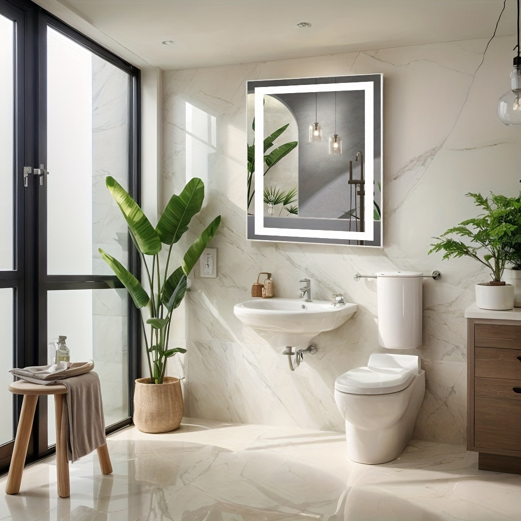 Anti-Fog LED Bathroom Mirror – Dual Light Source 3 Color Modes Dimmable Wall Mounted Vanity Mirror Horizontal Vertical in 6 Sizes