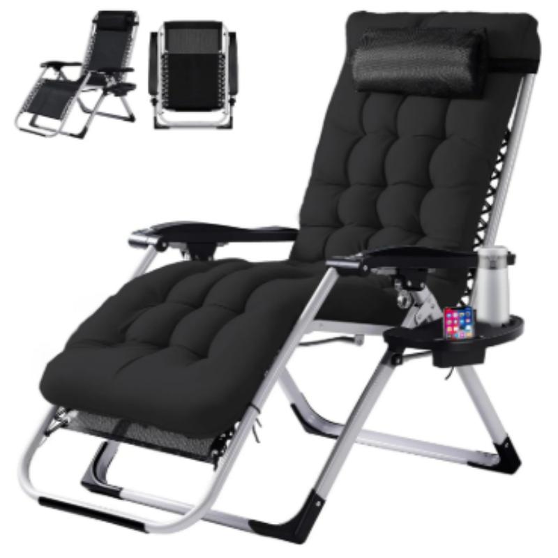 Zero Gravity Recliner with Cup Holder Tray & Detachable Cushion – Foldable Indoor Outdoor Lounge Chair with Adjustable Headrest in Black & Gray (1 or 2 Pack)