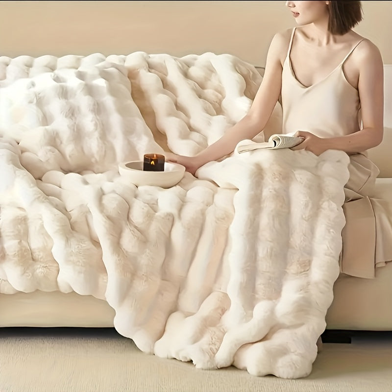 Plush Double-Layer Fleece Blanket - 100% Polyester, Machine Washable, All-Season - AC, Travel & Nap Use - 51"×63" & 63"×79" - Off White, Camel, Ink Gray, Pink & Blue