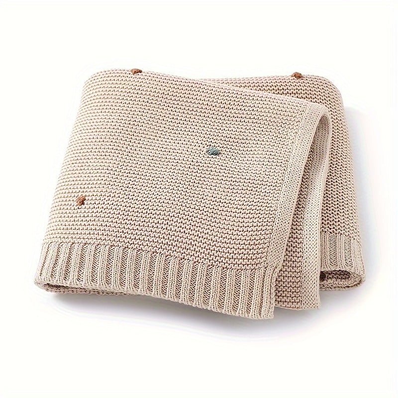 Pure Cotton Hand-Crocheted Pom-Pom Baby Blanket, Soft Knitted Handmade Throw Blanket for Newborns & Children, 4 Colors Including White Pink Light Blue & Light Camel