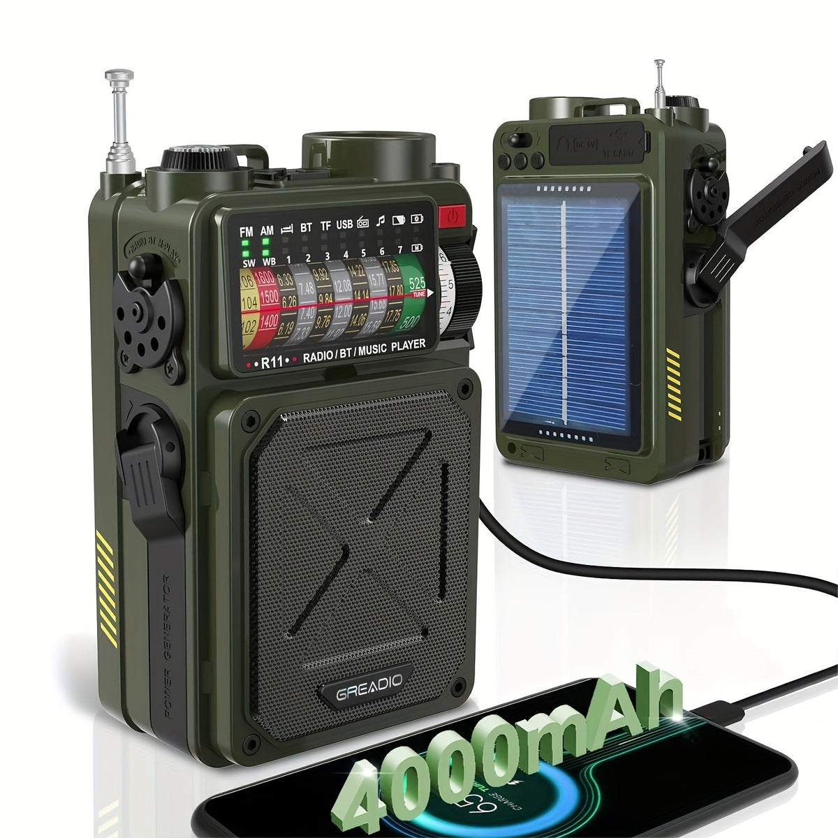 Portable Emergency Radio NOAA Weather Alert Solar & Hand Crank Powered VFD Display SOS Flashlight USB SD MP3 Headphone Jack for Power Outages Camping & Survival – Green