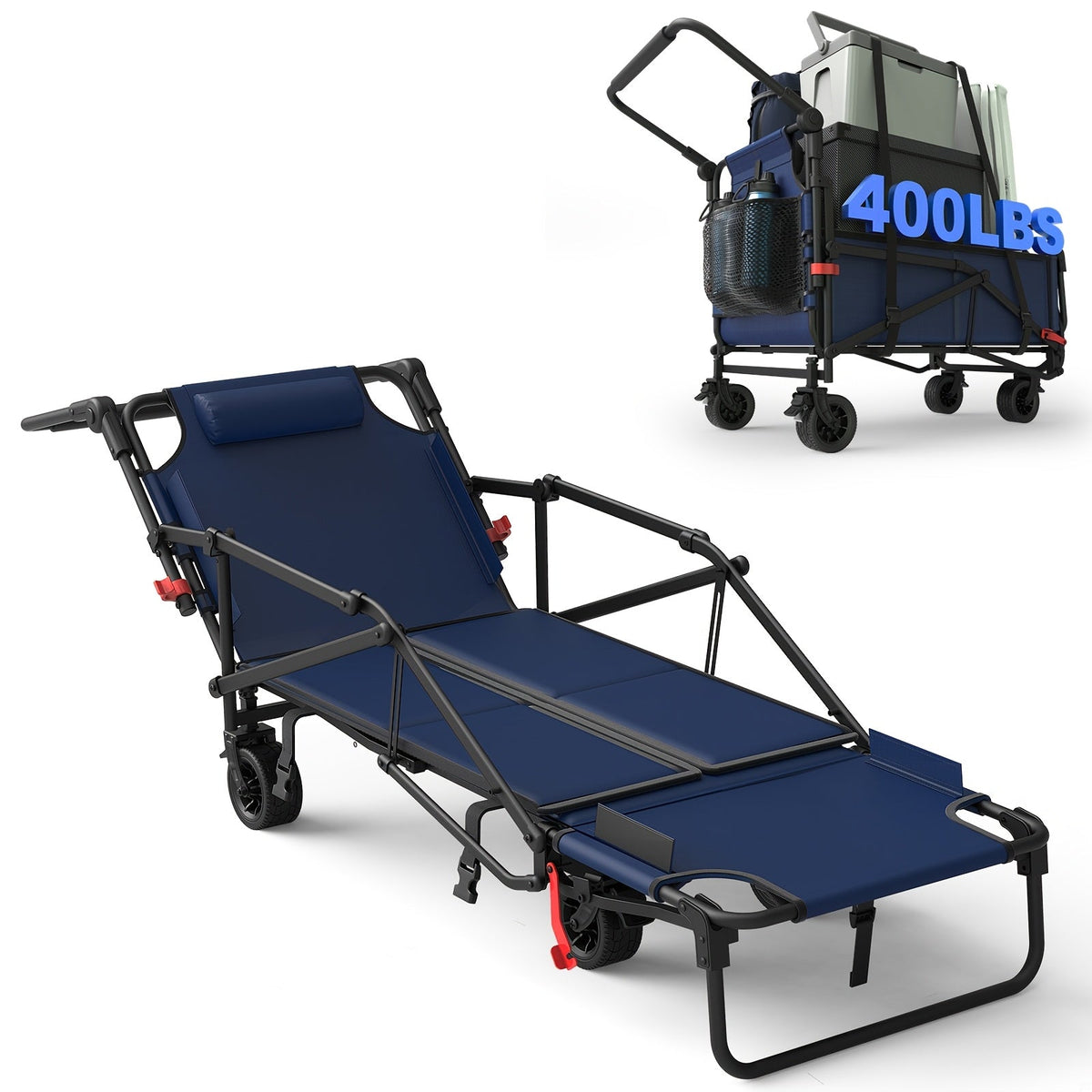 Heavy Duty Folding Wagon 2-in-1 Collapsible Cart and Beach Chair 400 420 650LBS Capacity All-Terrain 360 Swivel Wheels with Brakes Side Pockets for Camping Beach Groceries