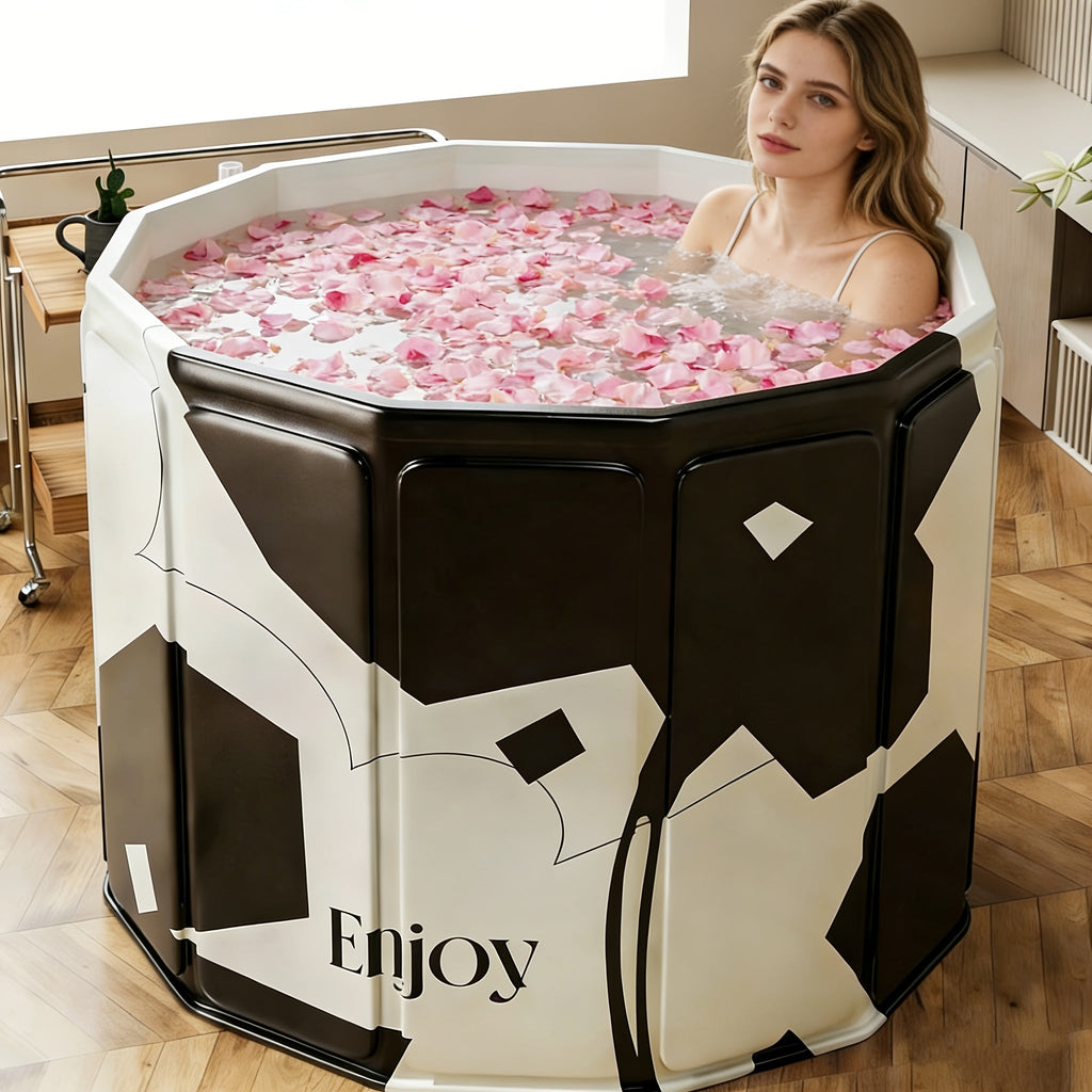 Foldable Adult Soaking Tub - Hot & Cold Full Body Bath Barrel with Pillow & Drain Hose, Non-Slip Base, Portable Space-Saving for Home Travel Small Spaces - Cow Print