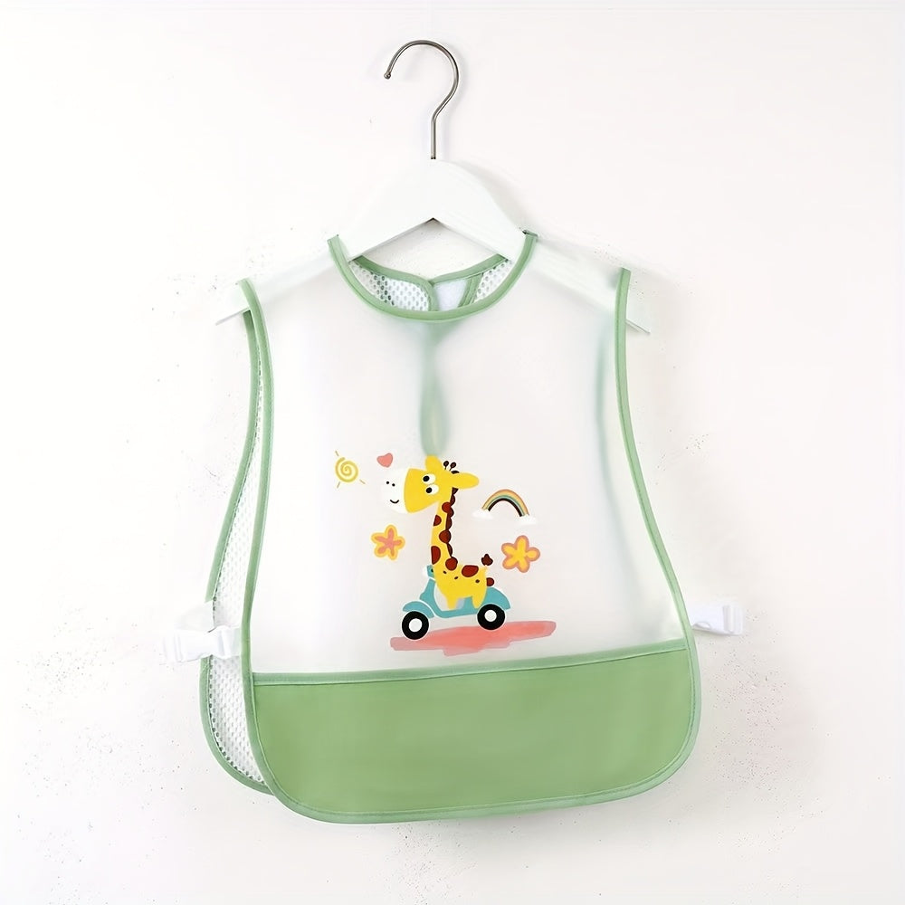 Toddler Feeding Bib with Extra-Large Catch Pocket, Adjustable Long Suspender Mealtime Bib for Kids Ages 1-4, Reusable Easy-Clean Preschool Mealtime Protector for Boys & Girls