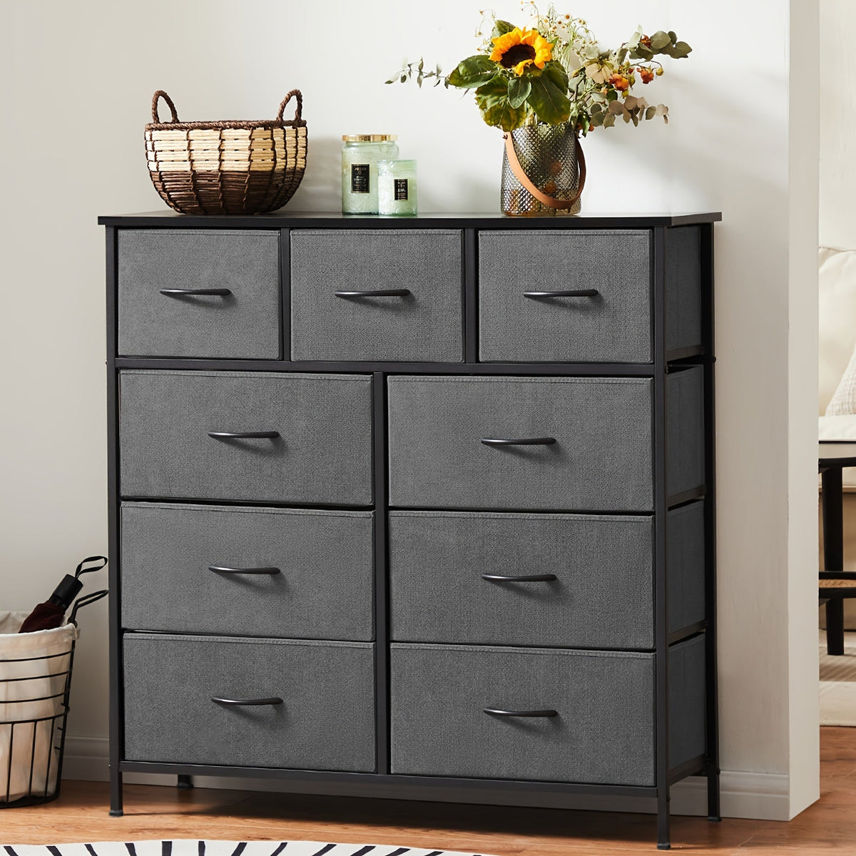 Idle Way 9 & 10-Drawer Bedroom Dresser with Metal Frame & Wood Tabletop, Fabric Closet Organizer Chest Storage Tower for Bedroom, Living Room & Entryway, Coal Black, Black & Grey