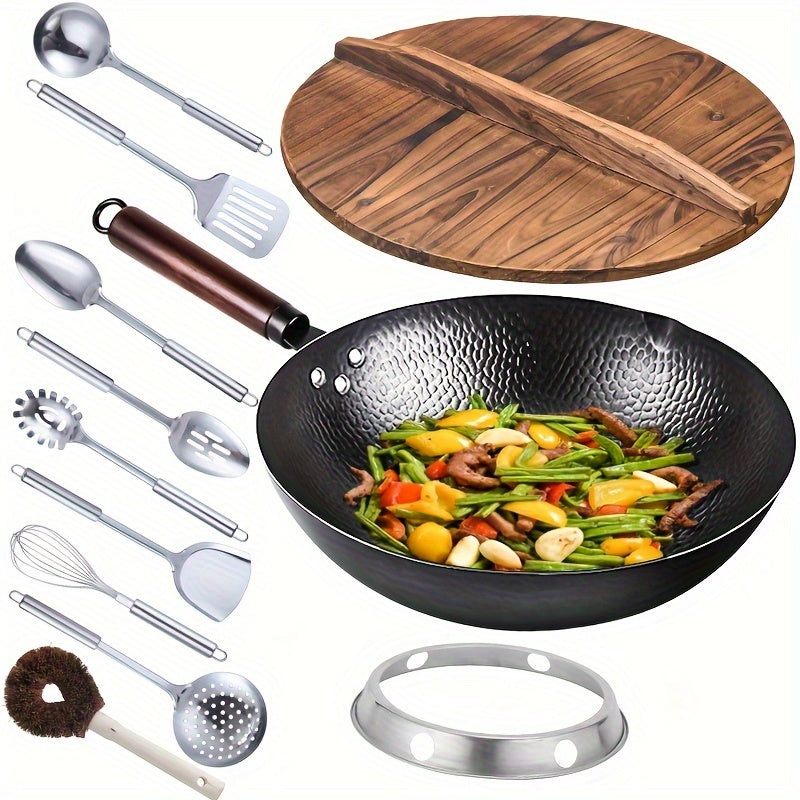 12.6" Carbon Steel Wok with 11-Piece Cookware Accessories - Flat Bottom Chinese Stir Fry Pan for Induction, Electric, Gas & Halogen - All Stoves Compatible