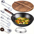 12.6" Carbon Steel Wok with 11-Piece Cookware Accessories - Flat Bottom Chinese Stir Fry Pan for Induction, Electric, Gas & Halogen - All Stoves Compatible