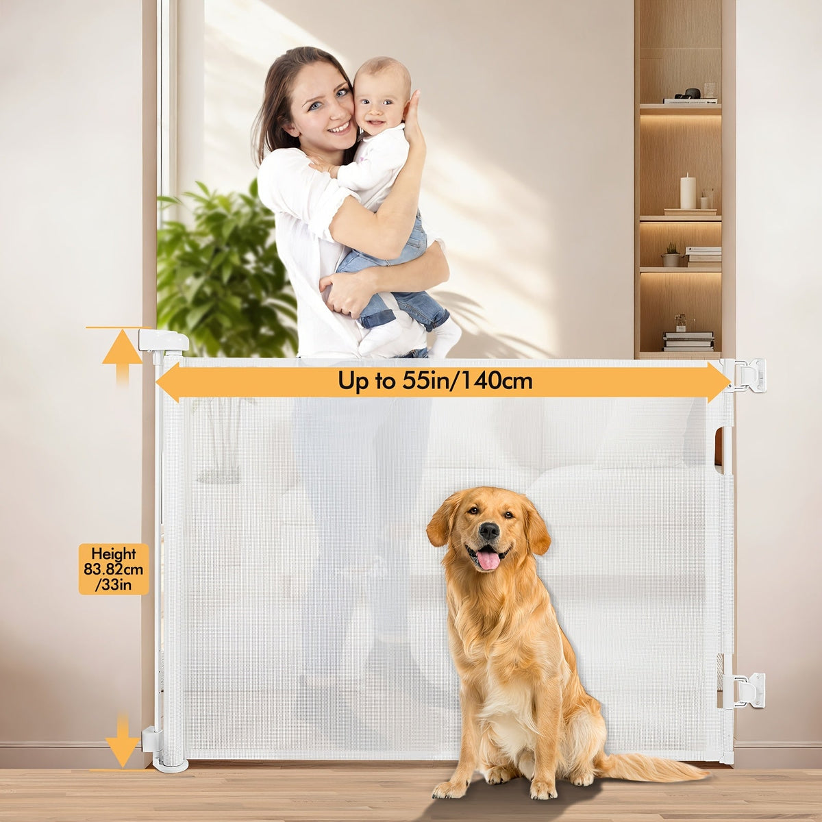 VERASTE Retractable Mesh Safety Gate, 33"/41" Tall Baby & Pet Gate for Doorways, Stairs & Hallways, Indoor & Outdoor Use, Multiple Width Options, Black, White & Gray