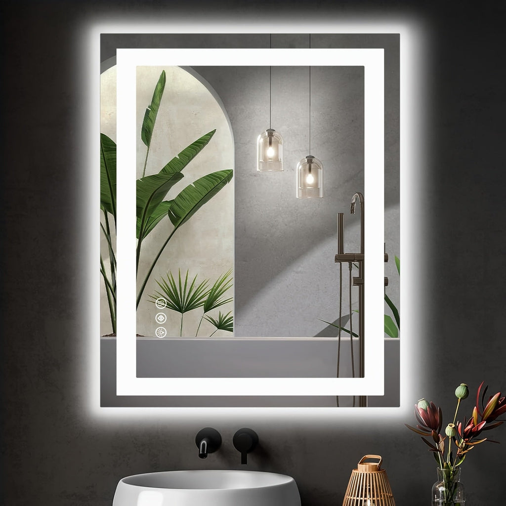 Anti-Fog LED Bathroom Mirror – Dual Light Source 3 Color Modes Dimmable Wall Mounted Vanity Mirror Horizontal Vertical in 6 Sizes