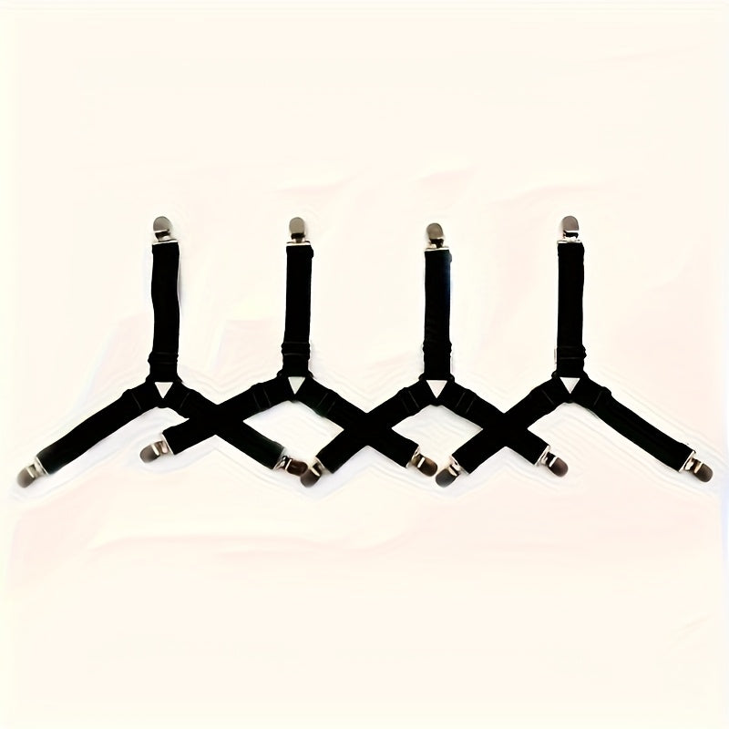 4-Pack Adjustable Elastic Bed Sheet Straps with Transparent Clips - Non-Slip, Easy-Clean Nylon Fasteners for Securing Bedding & Sofa Covers - Black