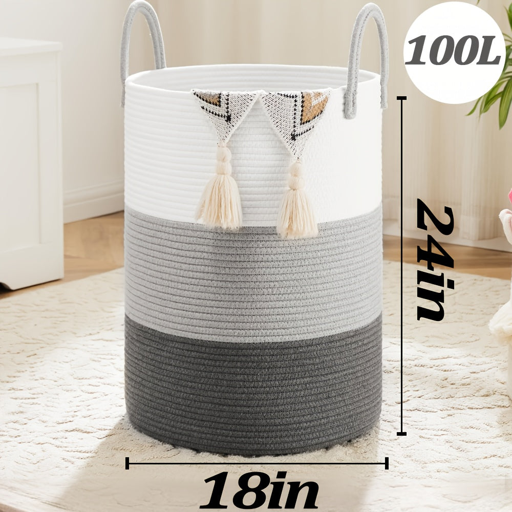 Collapsible Cotton Rope Woven Laundry Basket, Natural Elegant Laundry Hamper for Bathroom Nursery & Living Room, Versatile Storage for Clothes Toys & Blankets, 40L 60L 80L 100L, 9 Colors