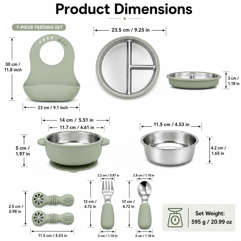 7-Piece Baby Feeding Set Stainless Steel Divided Suction Plate Removable Bowl Adjustable Bib Spoon Fork Self-Feeding Toddler Utensils
