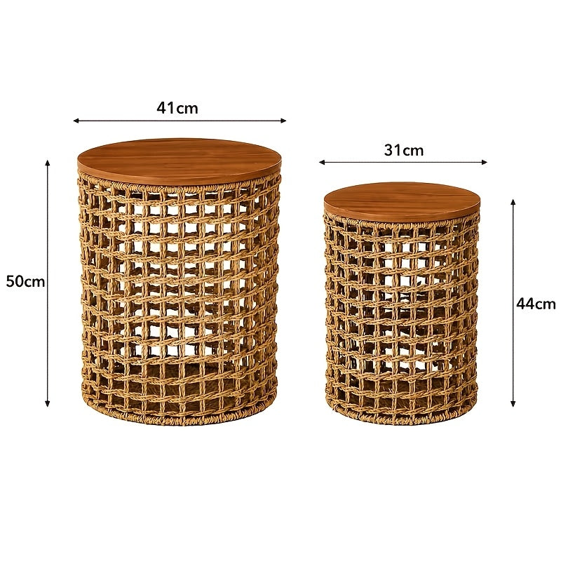 Handwoven Water Hyacinth Outdoor Side Tables Set of 2 Round Patio End Tables for Garden Backyard Porch & Indoor Plant Stands – Natural Seagrass Weave, High & Low Styles, Pro Option Available