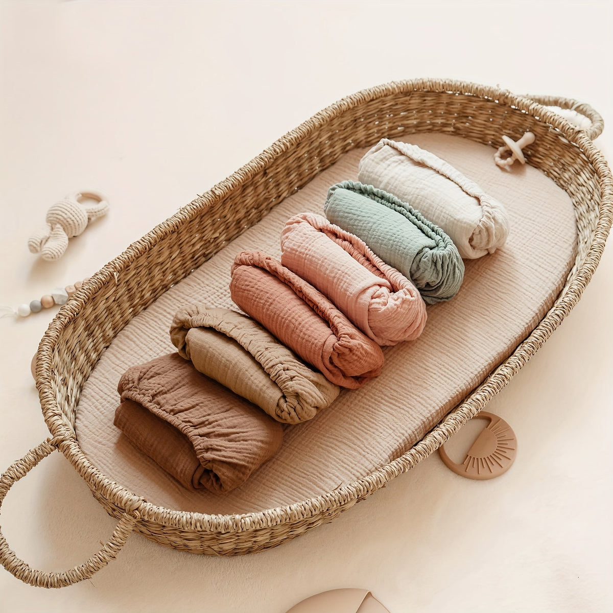 2-Pack Muslin Fitted Bassinet Sheets, Soft Breathable Baby Bassinet & Cradle Sheets for Baby Girl & Boy, Floral Pink, Chestnut Posy, Camel Sun & Brown Cream