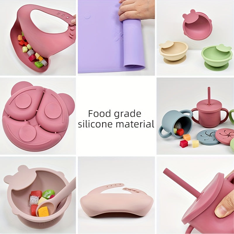 10-Piece Baby Toddler Silicone Tableware Set for Ages 1-3, Complete Feeding Set with Silicone Dinner Plate Fork Spoon Suction Cup Bowl Bib Snack Cup & 2-in-1 Straw Cup, BPA-Free Baby Mealtime Essentials