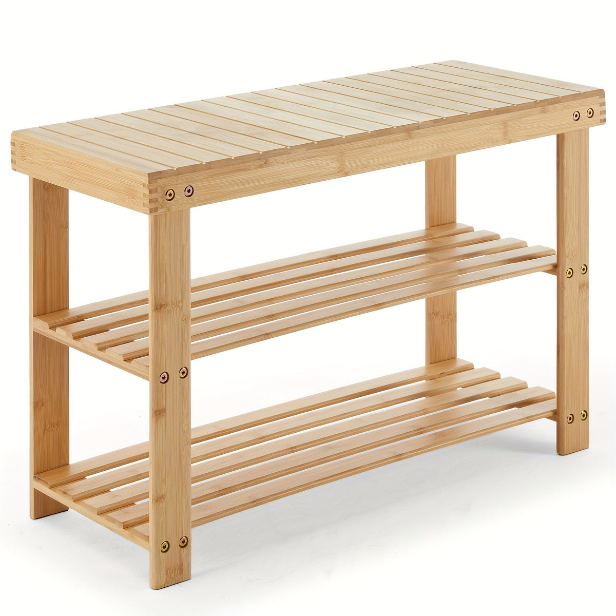 3-Tier Bamboo Shoe Rack Bench - 27.6in Wide, 286lb Capacity, Compact Storage Organizer - Entryway, Bedroom, Living Room & Balcony - Wood & Brown