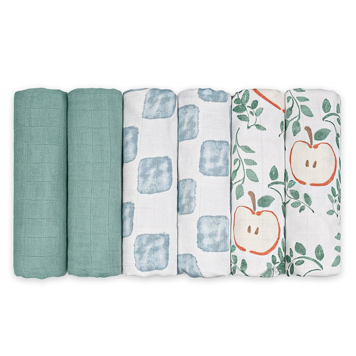 6-Piece Baby Muslin Blanket Set, Super Soft Receiving Blankets for Newborn Boys & Girls, 5 Designs Including Little Daisy Green Apple Cute Rabbit Cute Bear & White, Christmas Baby Gift Set