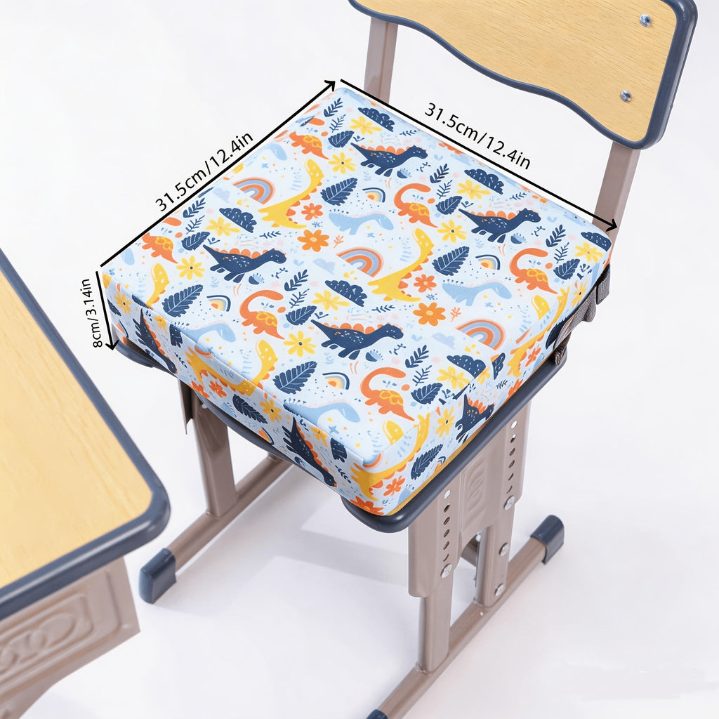 Portable Kids Dining Booster Seat Cushion, Cartoon Animal Dinosaur World Print High Density Foam Non-Slip Safe Chair Pad with Detachable Cover, Fits Most Chairs for Home Outdoor & Bench Use