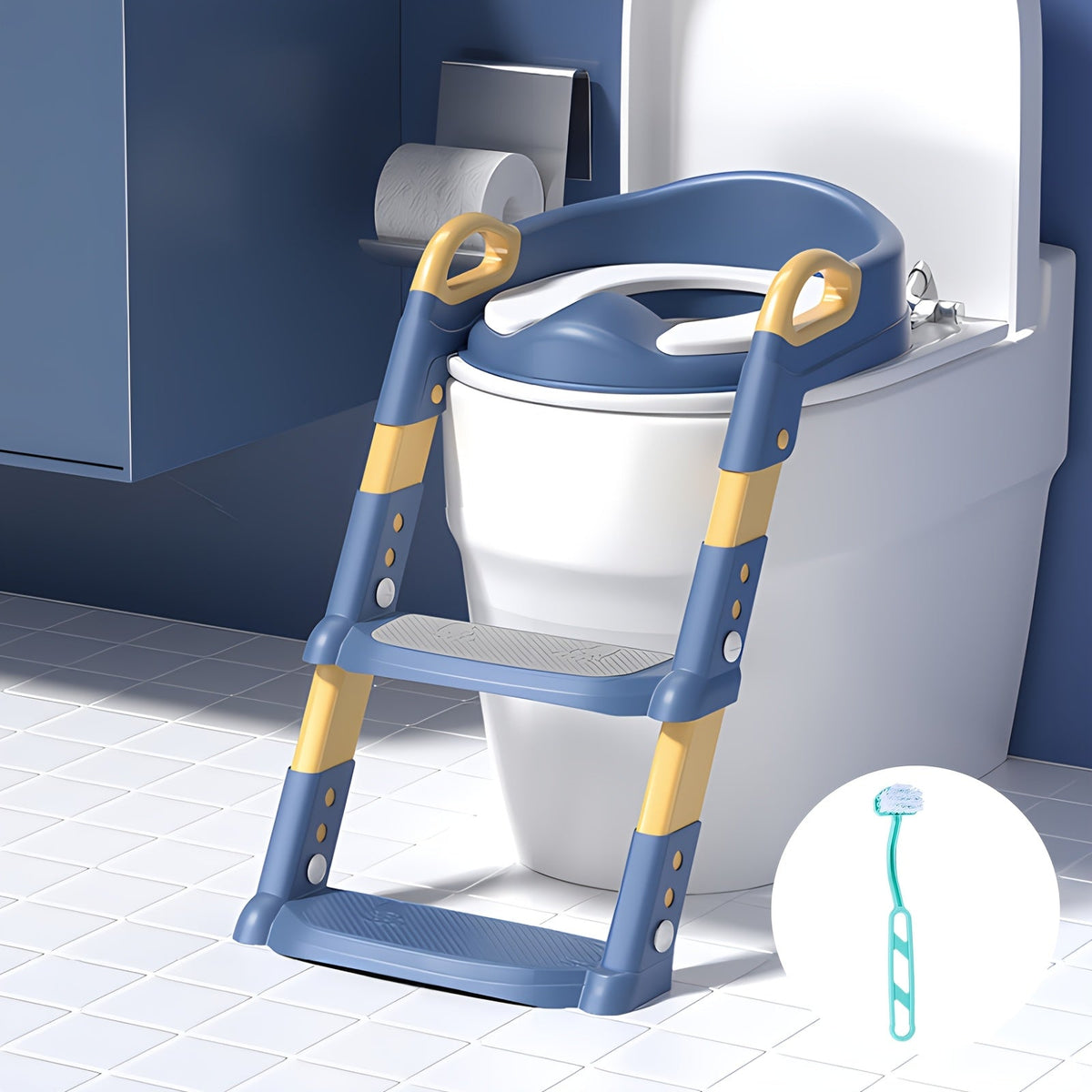 2-in-1 Toddler Toilet Potty Training Seat with Step Stool Ladder, Anti-Slip Adjustable Height Foldable Potty Chair for Kids, Cleaning Brush Included, Pink & Blue