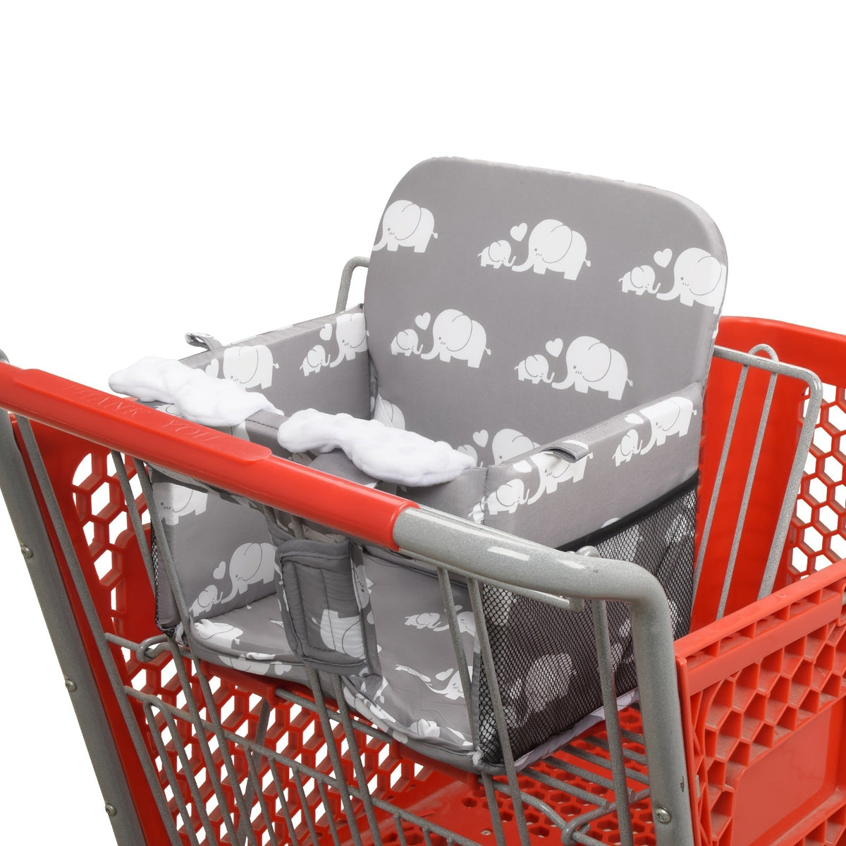 Dual-Use Kids Shopping Cart & High Chair Seat Cover, Soft Thick Breathable Foldable Seat Cushion with Side Storage Pocket for Travel & Home, Grey Waves & White Elegant