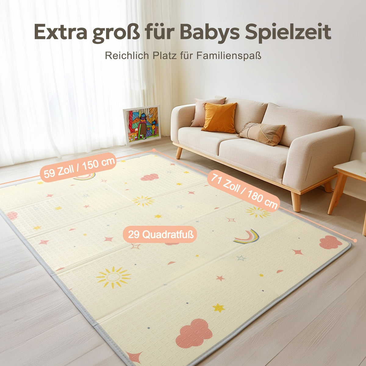 Extra Large Reversible Foldable Foam Baby Play Mat, Rainbow Cloud & Moon Design Non-Toxic Waterproof Floor Playmat with Edge Reinforcement & Travel Bag, 2 Sizes: 71x59" & 71x79"
