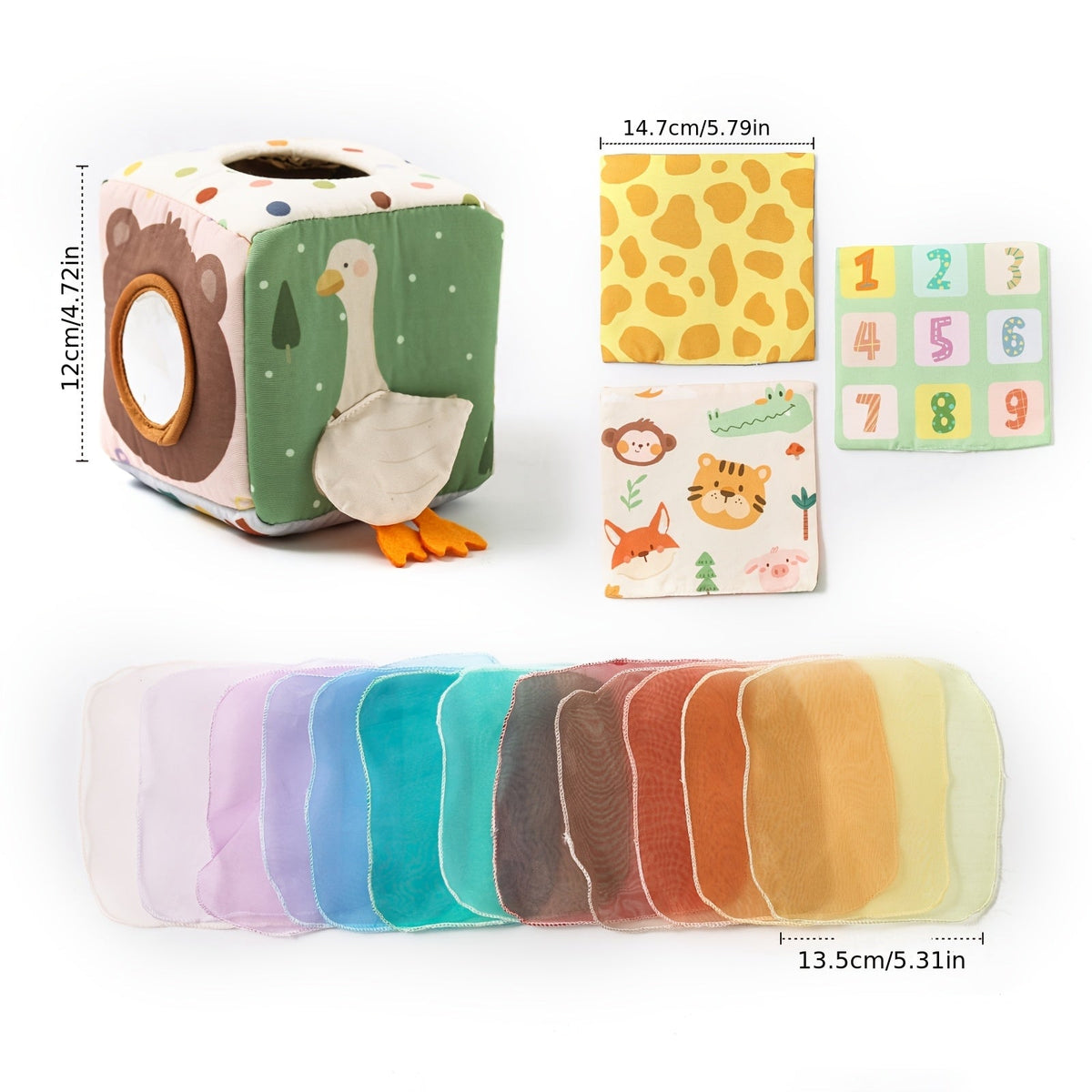 Duck-Shaped Baby Sensory Tissue Box Toy, Non-Tearable Fabric Pull Tissue for Infant Finger Exercise & Early Education, Montessori Soothing Toy for Newborns 0-12 Months, Mixed Colors