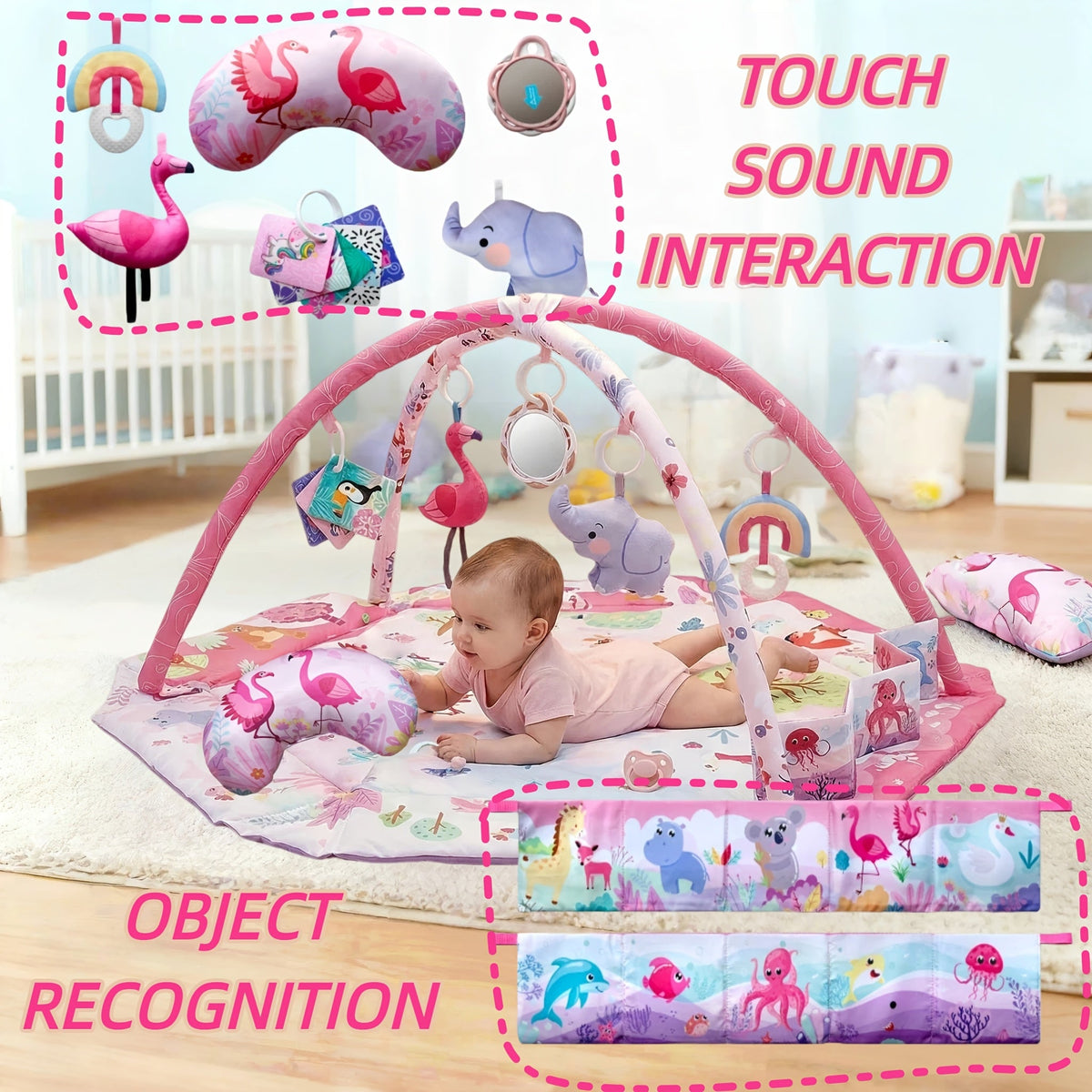 Foldable Hexagonal Baby Activity Mat & Play Gym with 5 Sensory Toys & Exercise Ball, Multi-Functional Infant Crawling Training Mat for Newborns & Toddlers, Pink