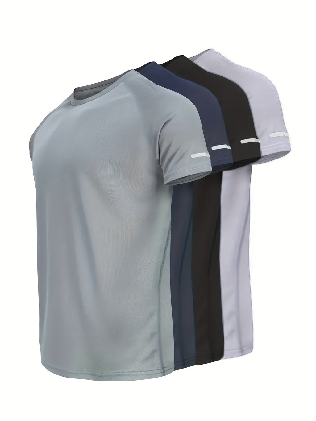 4-Piece Men's Athletic T-Shirts - Moisture-Wicking Quick-Dry Workout Tops with Reflective Stripes - Lightweight Breathable Gym & Running Shirts - XS–XXL - Gray, Navy Blue, Black & White