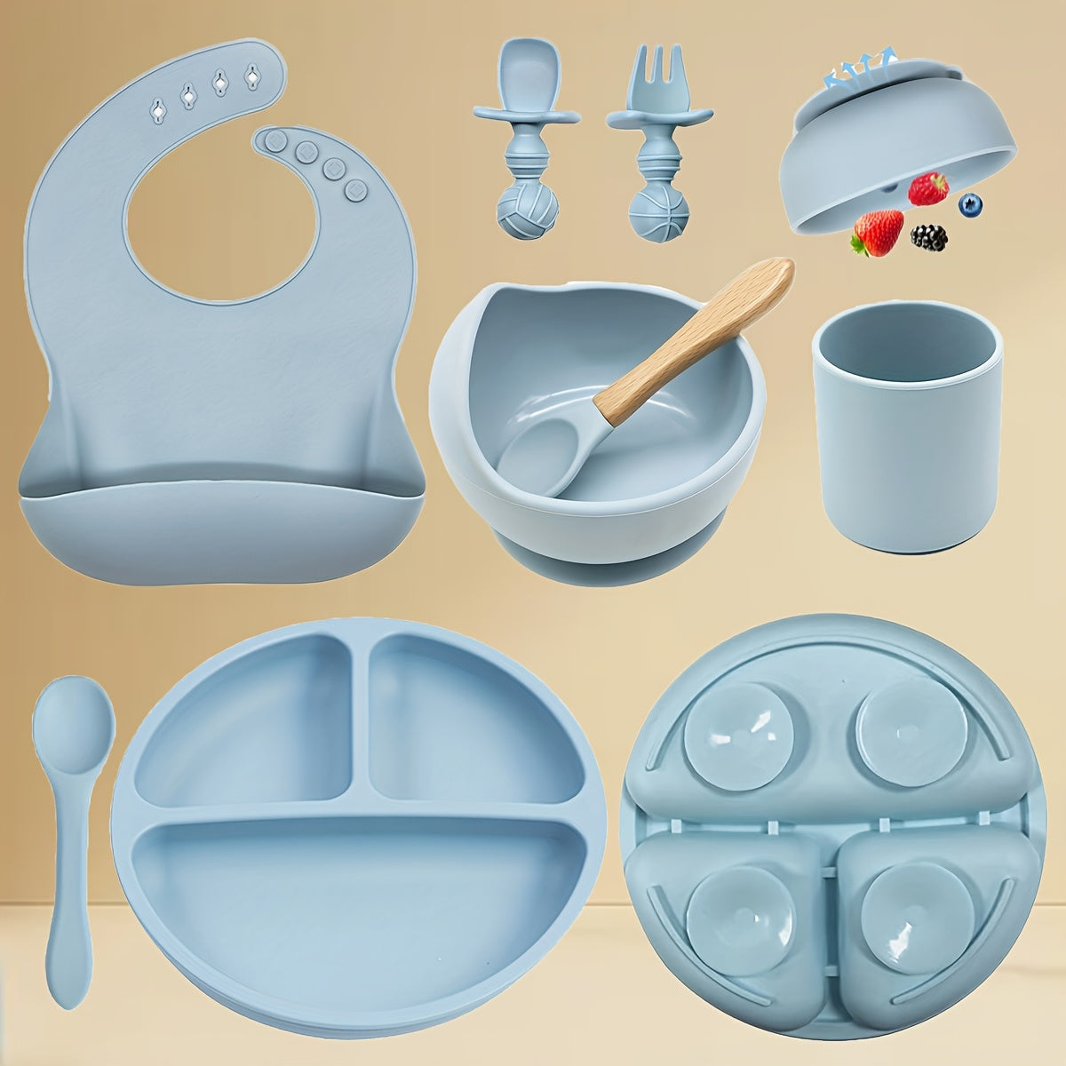 8-Piece Silicone Baby Feeding Set, Suction Bowl, Divider Plate, Spoon, Fork, Sippy Cup & Adjustable Bib, Self-Feeding Toddler Tableware for Ages 0-3, Beige, Dark Green, Gray Blue, Dark Pink & Light Pink