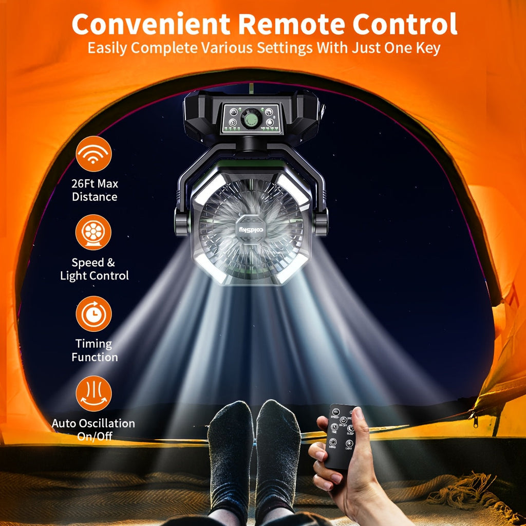 Portable Camping Fan with Remote Control - 8 Speeds, Dual Motor, Rechargeable Battery, Outdoor Fan for Camping Tent Yard Barbecue Beach - Orange Black & Green Black