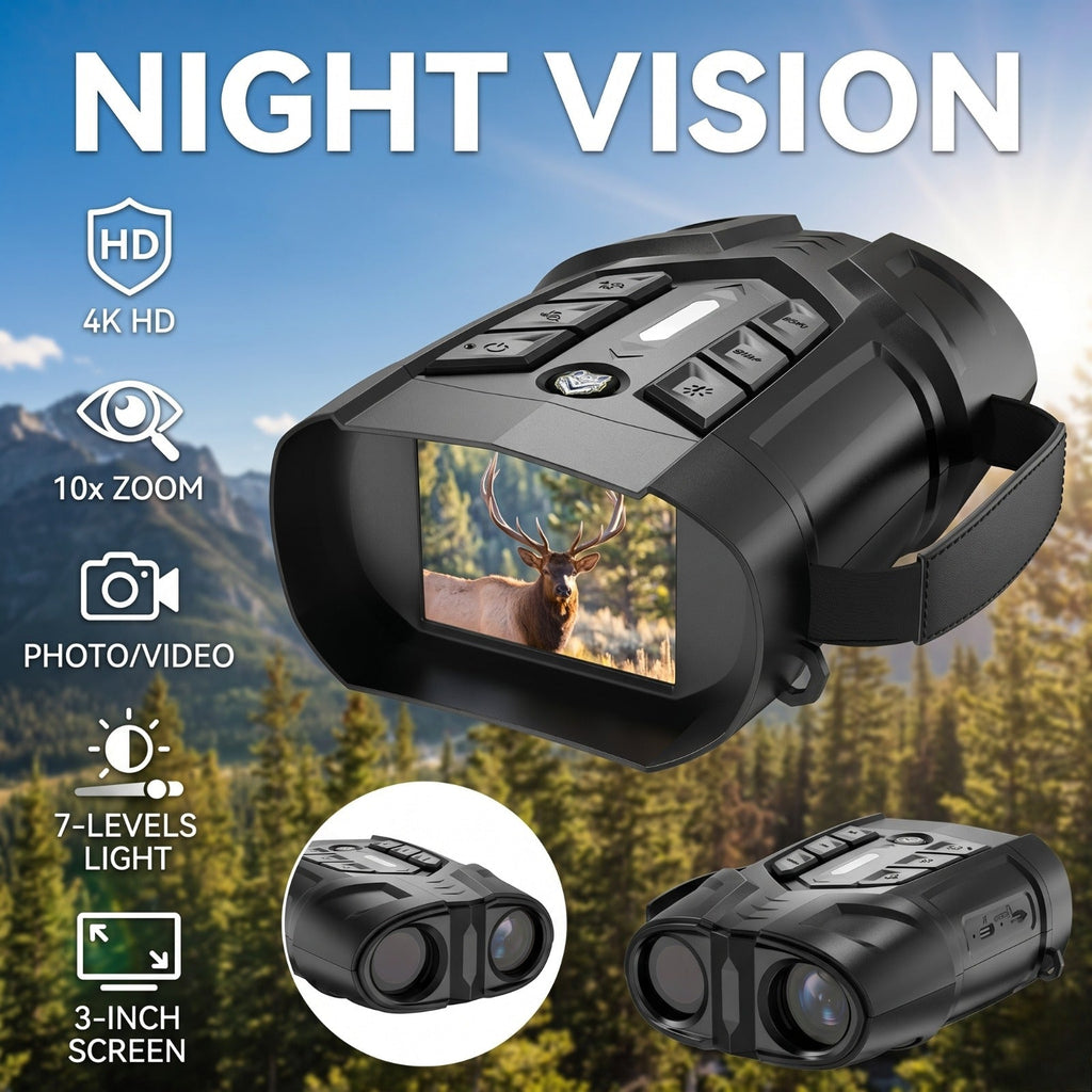 Night Vision Binoculars 1080P HD - 10X Zoom, 5W IR Up to 2600Ft Range, 2.8" IPS Screen, 7-Level Infrared, Video Recording for Hunting Security Bird Watching - Black