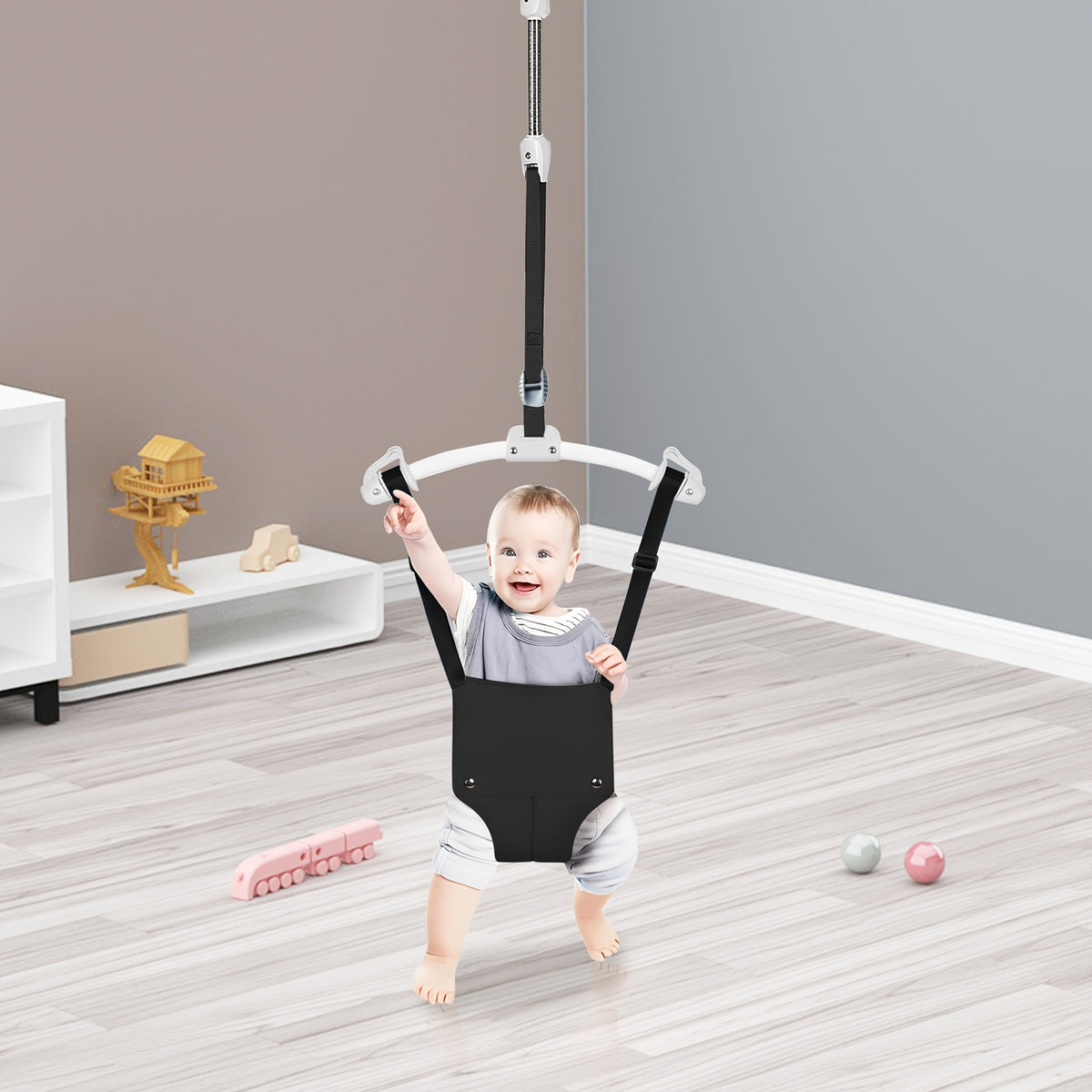 3-in-1 Door Frame Baby Bouncer, Swing & Fitness Frame, Adjustable Height 360° Rotating Infant Bouncer Chair, Indoor & Outdoor Children's Exercise Equipment, 4 Colors Including Pink Black Blue & Grey