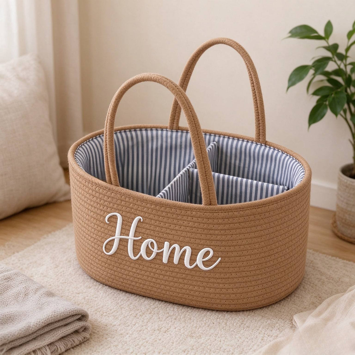 Large Rope Storage Basket with T-Shaped Dividers, 14x9x7 Inch Nursery Diaper Organizer Basket for Diapers Bottles Toys & Household Items, Woven Bin for Baby Room & Home Organization