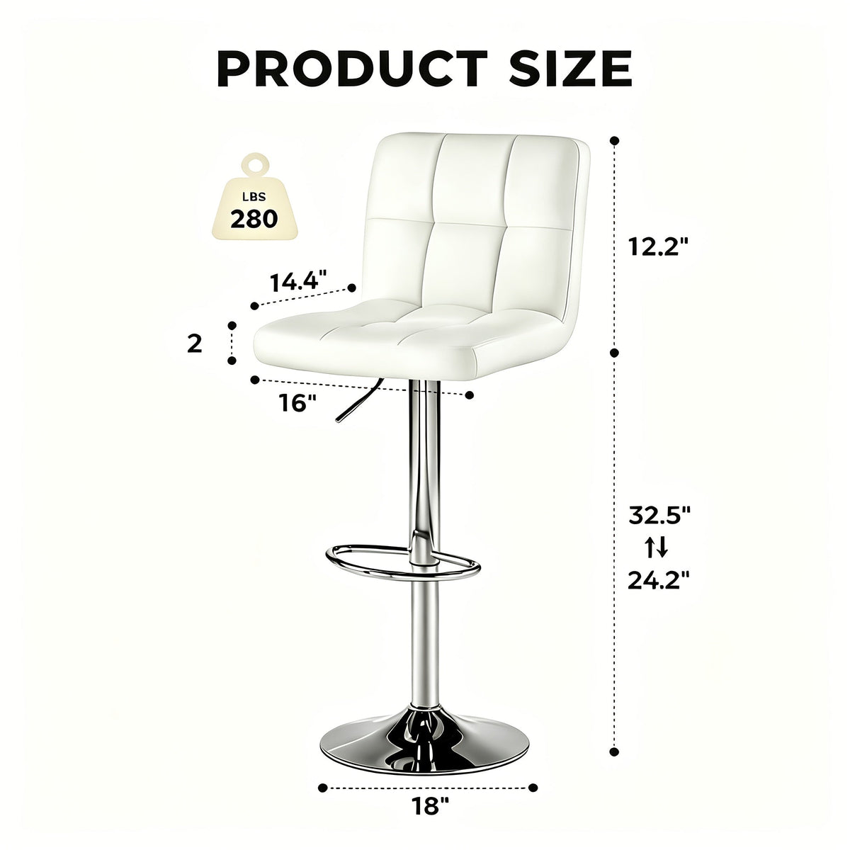 Adjustable Swivel Bar Stools Set of 2 Armless Hydraulic PU Leather with Thickened Seat Cushion & Backrest, Counter Height Kitchen Bar Chairs for Home Bar Island, White Black
