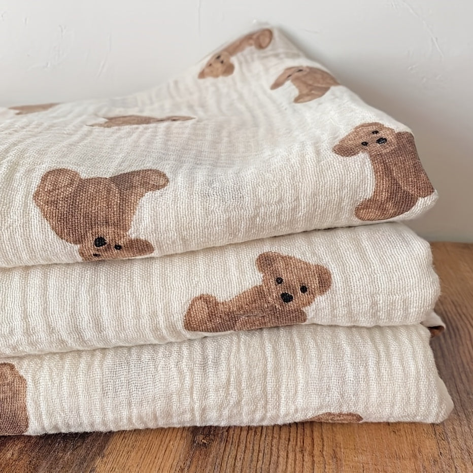 Double-Layer Cotton Gauze Baby Swaddle Blanket with Cute Bear Print, Soft Muslin Bath Towel Blanket for Newborns & Infants, 35x51 Inch Multi-Use Swaddle Wrap for Boys & Girls