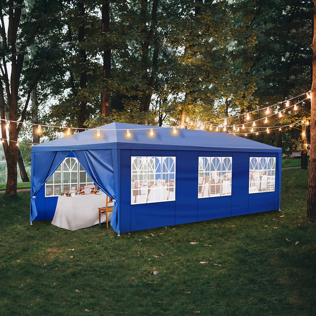 10x30 Ft Outdoor Party Tent Canopy, 8 Removable Sidewalls with Windows, Waterproof PE Cloth & Iron Frame, for Wedding, Party, Patio, Parking & Gazebo, White/Blue/Black, Accessories Included