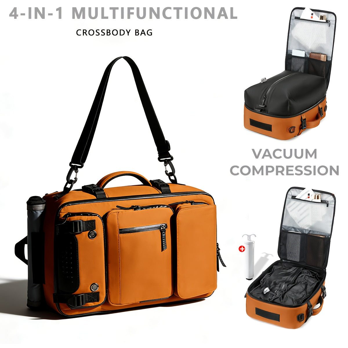 Vacuum Compression Backpack - Multi-Functional Laptop Backpack with Pump, Foldable & Lightweight - Business, Camping, Hiking & Daily Commute - Black, Light Grey & Orange