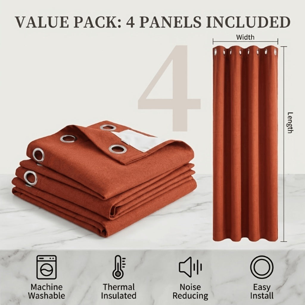 Linen Textured 100% Blackout Curtains 4 Panels Machine Washable Window Drapes – Rust Light Grey Khaki 54W x 84L Inch
