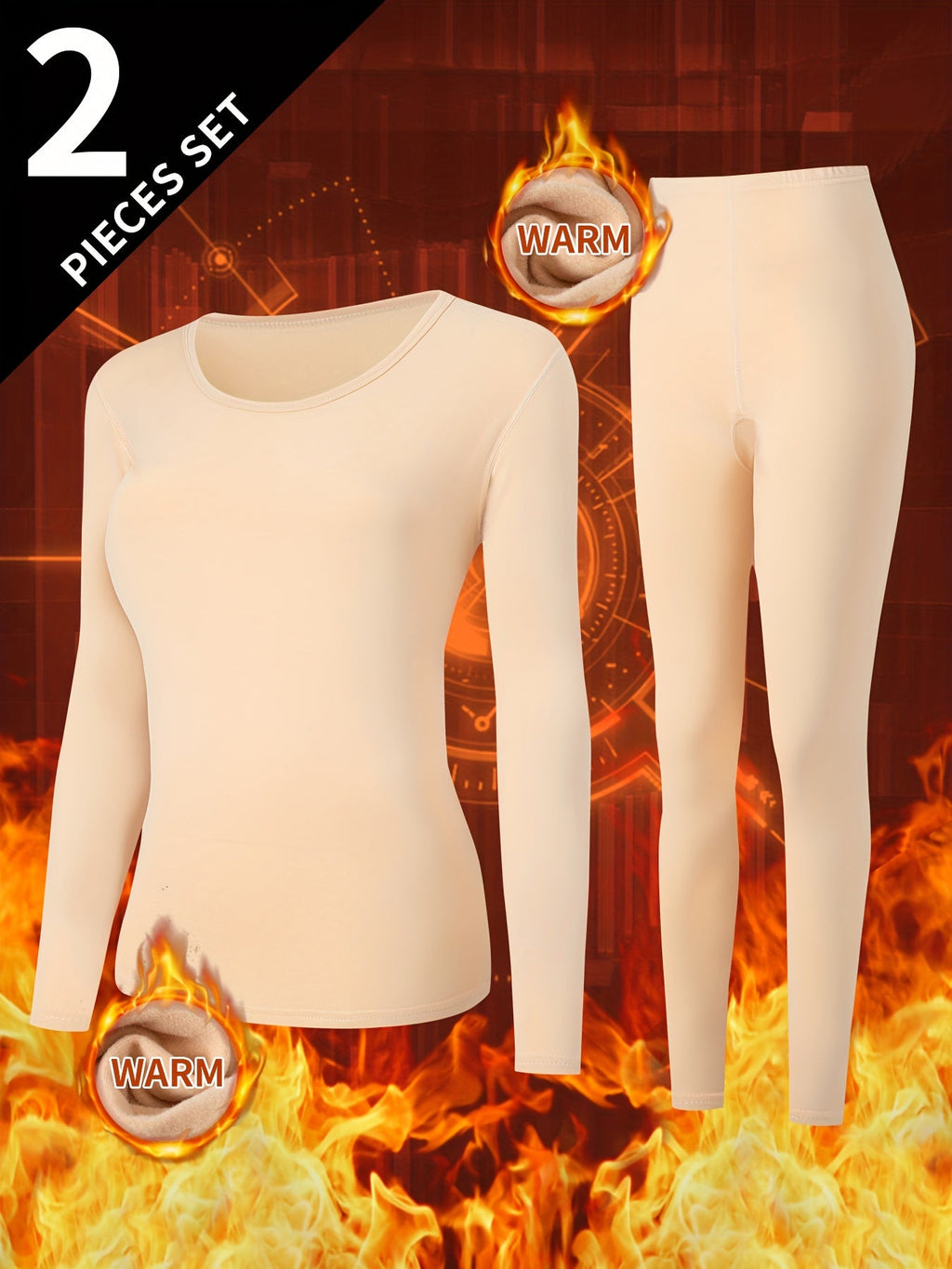 2-Piece Women's Thermal Innerwear Set - Round Neck Top & Leggings - Winter & Autumn Warm Base Layer - S–XXL - Beige, Pink, White, Purple, Gray & Green