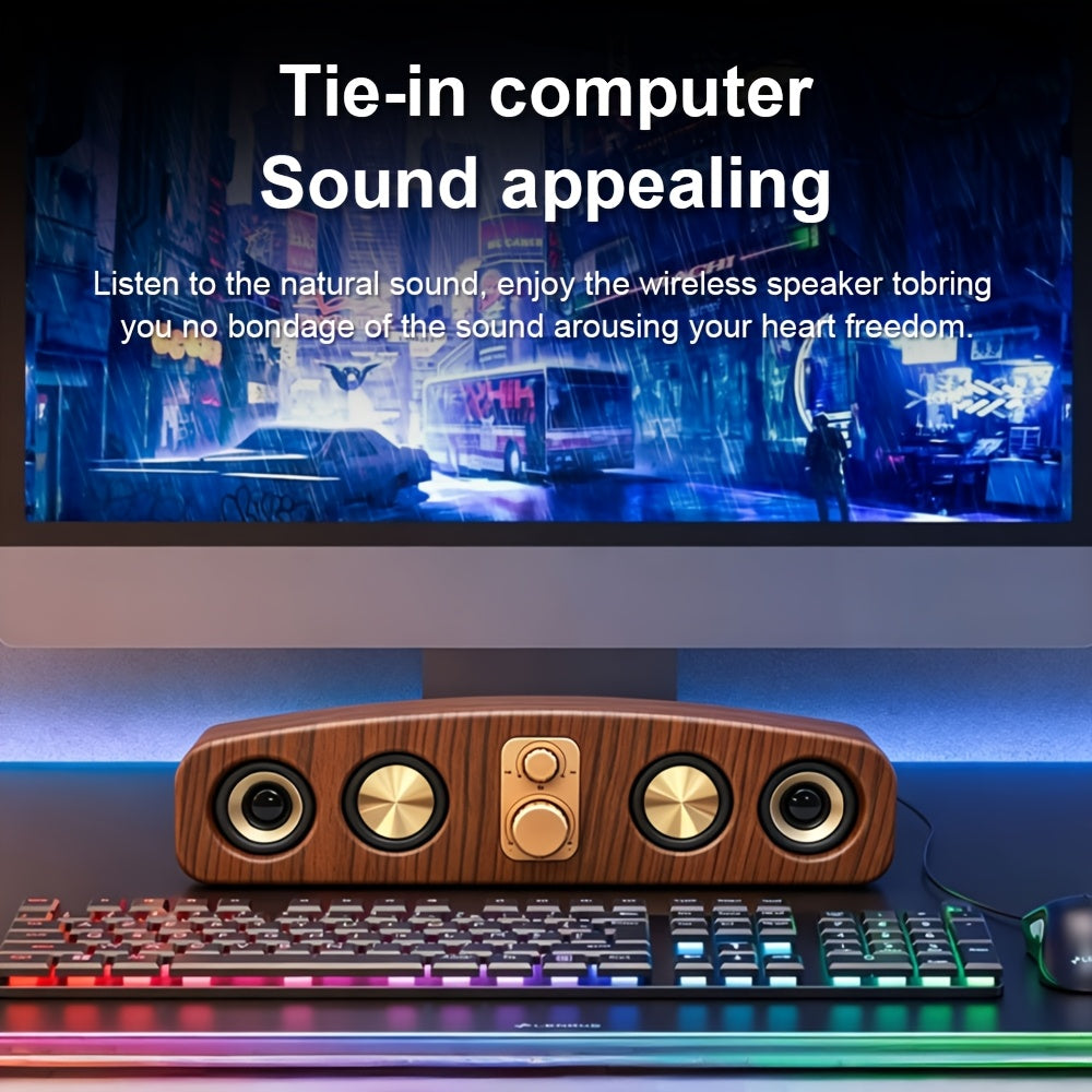 Portable Wireless Bluetooth Speaker with Subwoofer & Stereo Sound – USB-C Powered Deep Bass for Smartphones Tablets & Laptops Party & Outdoor Use in Wood Grain Dark Green & Grey