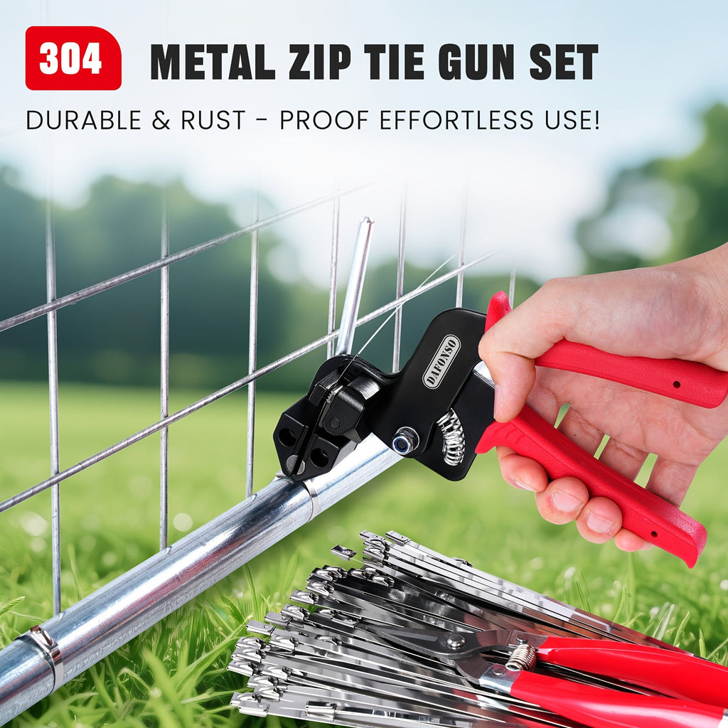 Stainless Steel Cable Tie Gun Kit - 155pcs 304 Metal Zip Ties in 3 Sizes, Tensioning & Cutting Tool, Self-Locking for Fence, Exhaust Pipe, Cable Bundling, Chicken Coop & Outdoor Repair - Red