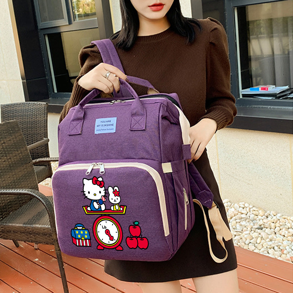 Cute Cartoon Kitty Print Diaper Backpack, Large Capacity Baby Bag for Travel & Daily Outing, Stylish Mom & Dad Baby Bag, Black Purple & Grey