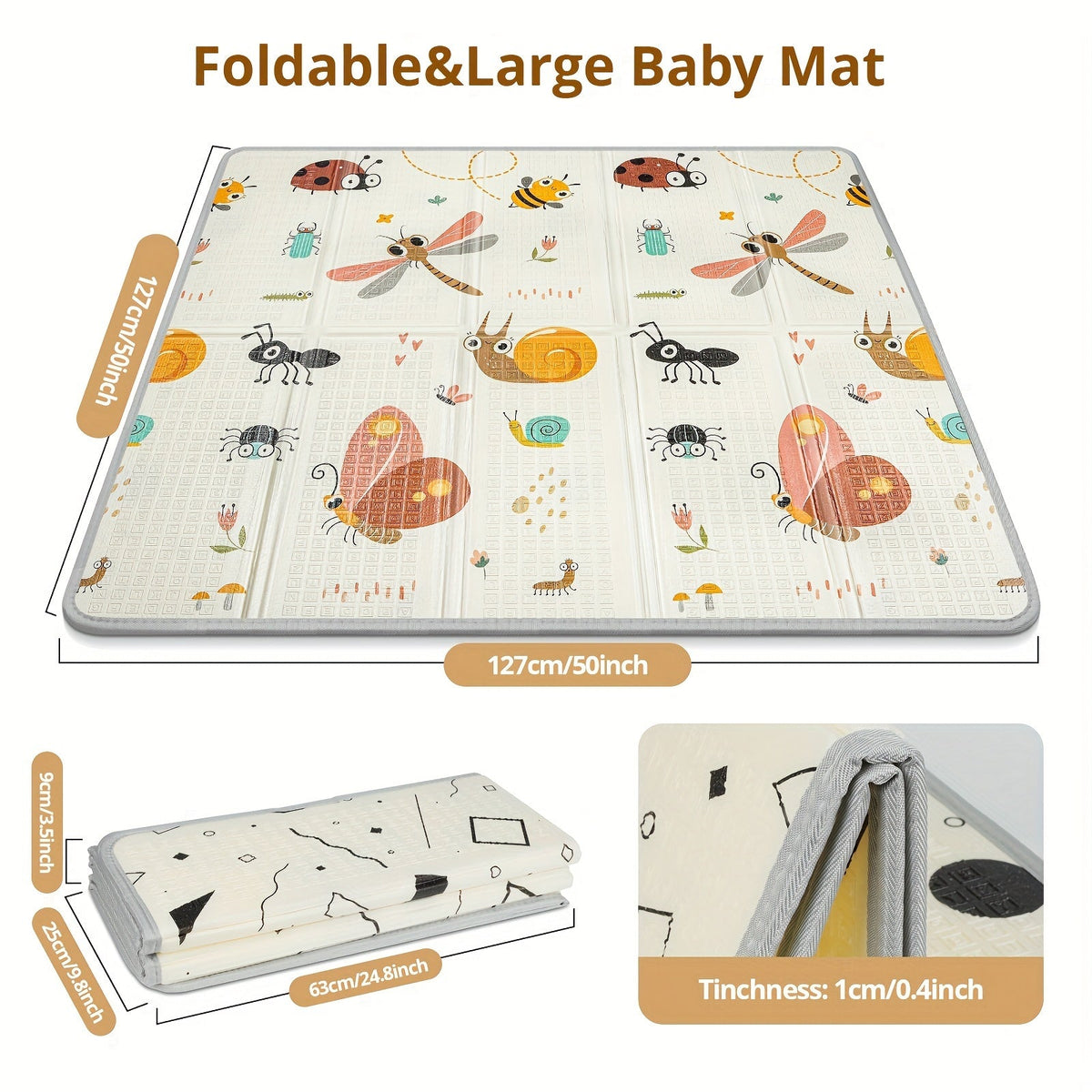 Foldable Safety Foam Baby Play Mat, 50 × 50 × 0.4 Inch Thick Reversible Double-Sided Portable Playpen Floor Mat for Travel & Daycare, Soft Cushioned Baby Activity Mat for Infants & Toddlers, Dragonfly & Geometric