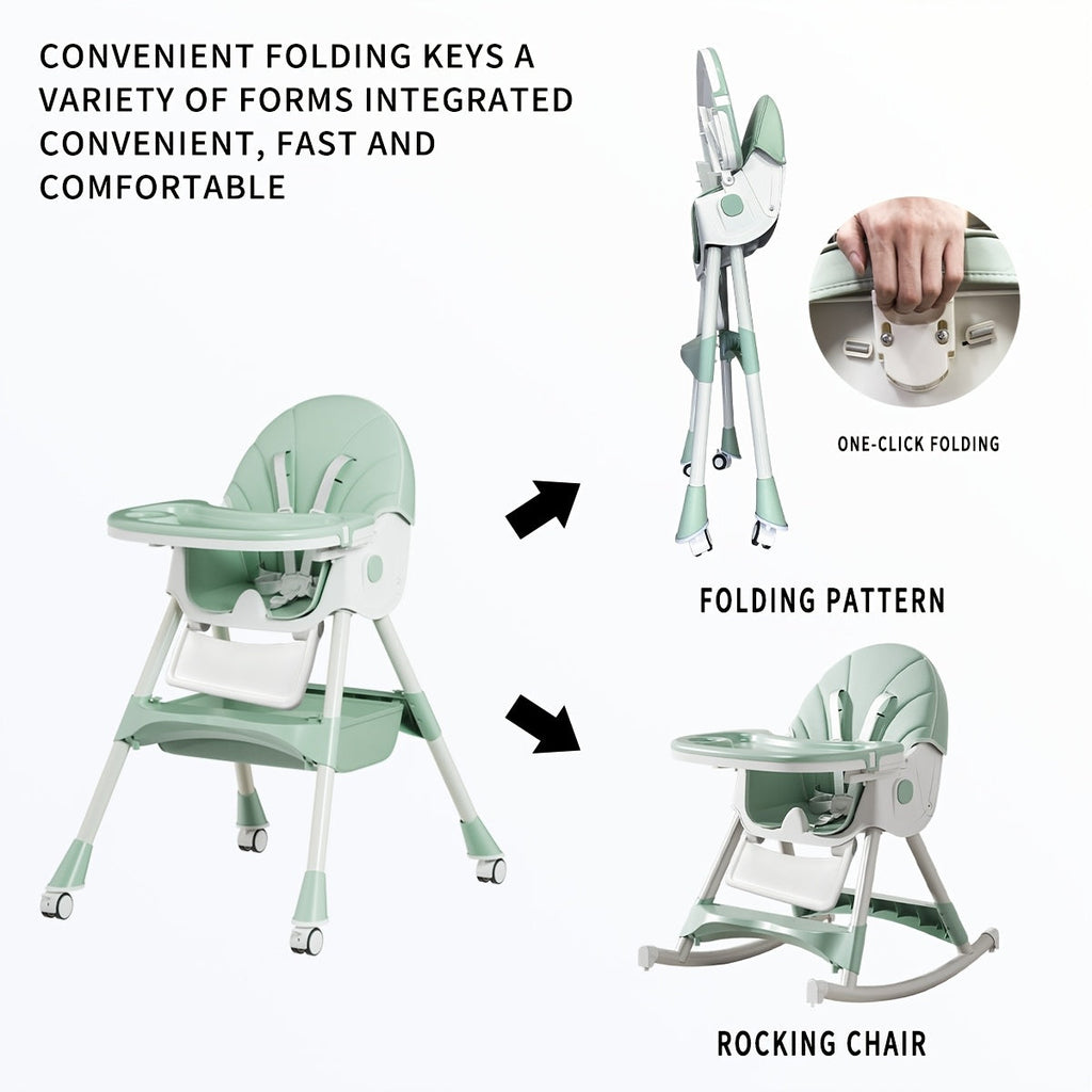 Multi-Functional Adjustable Children's High Chair, 3-in-1 Adjustable Kids Dining Chair with Rocking Chair & Portable Table Function for Home Use, Beige Green & Pink