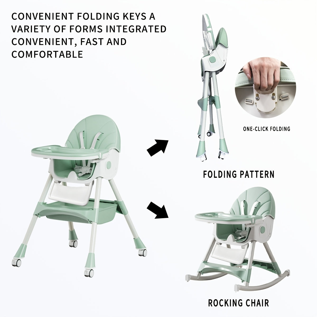 Multi-Functional Adjustable Children's High Chair, 3-in-1 Adjustable Kids Dining Chair with Rocking Chair & Portable Table Function for Home Use, Beige Green & Pink