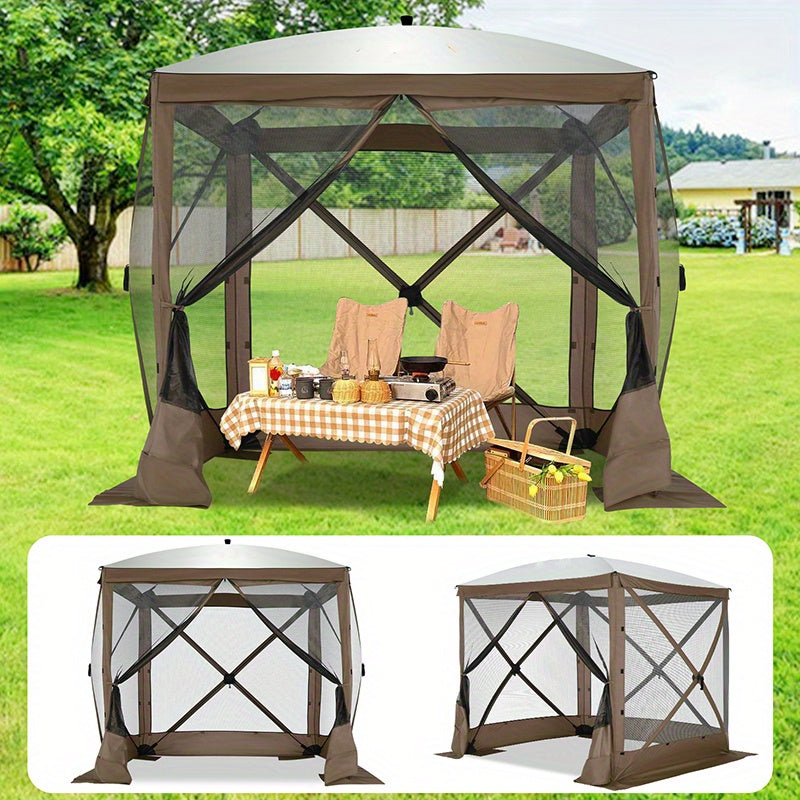 8x8 Pop-Up Gazebo with Mesh Tent Portable Outdoor Canopy with Tote Bag & Ground Stakes for Camping Garden Picnic & Backyard – Brown, Khaki, Blue & Grey