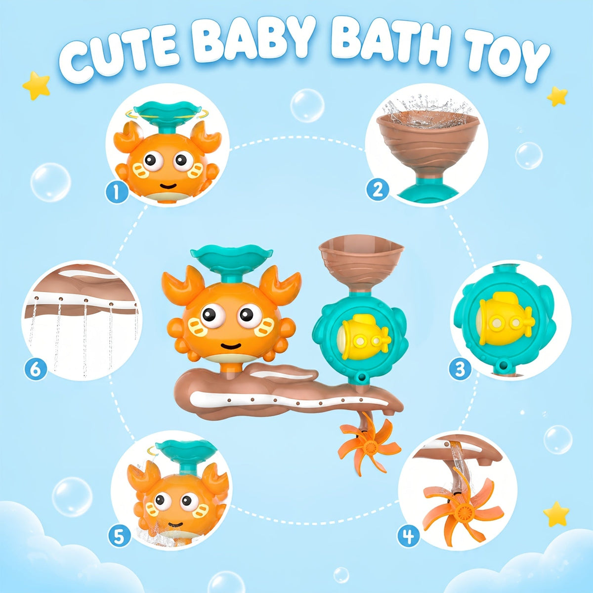 Crab Bath Toy with 2-Way Water Flow, Fun Water Play Bathroom Toy for Kids Toddlers & Babies, Interactive Bath Time Sensory Toy, Random Color