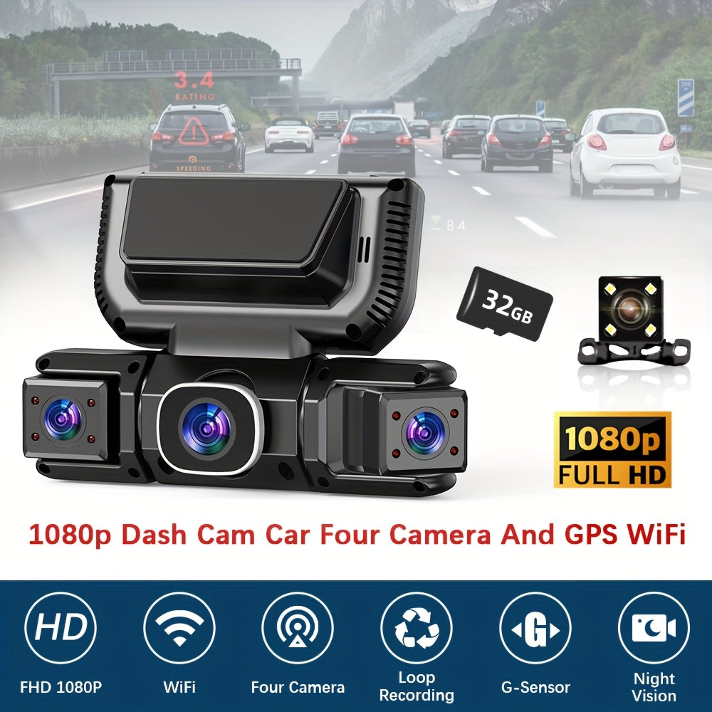 FOXGOD 360° Dash Cam for Car - 4 Channel Recording, Night Vision, 3.16" IPS Screen, WiFi, G-Sensor, Parking Mode, Includes 32GB Card - 4 Lens Bundle