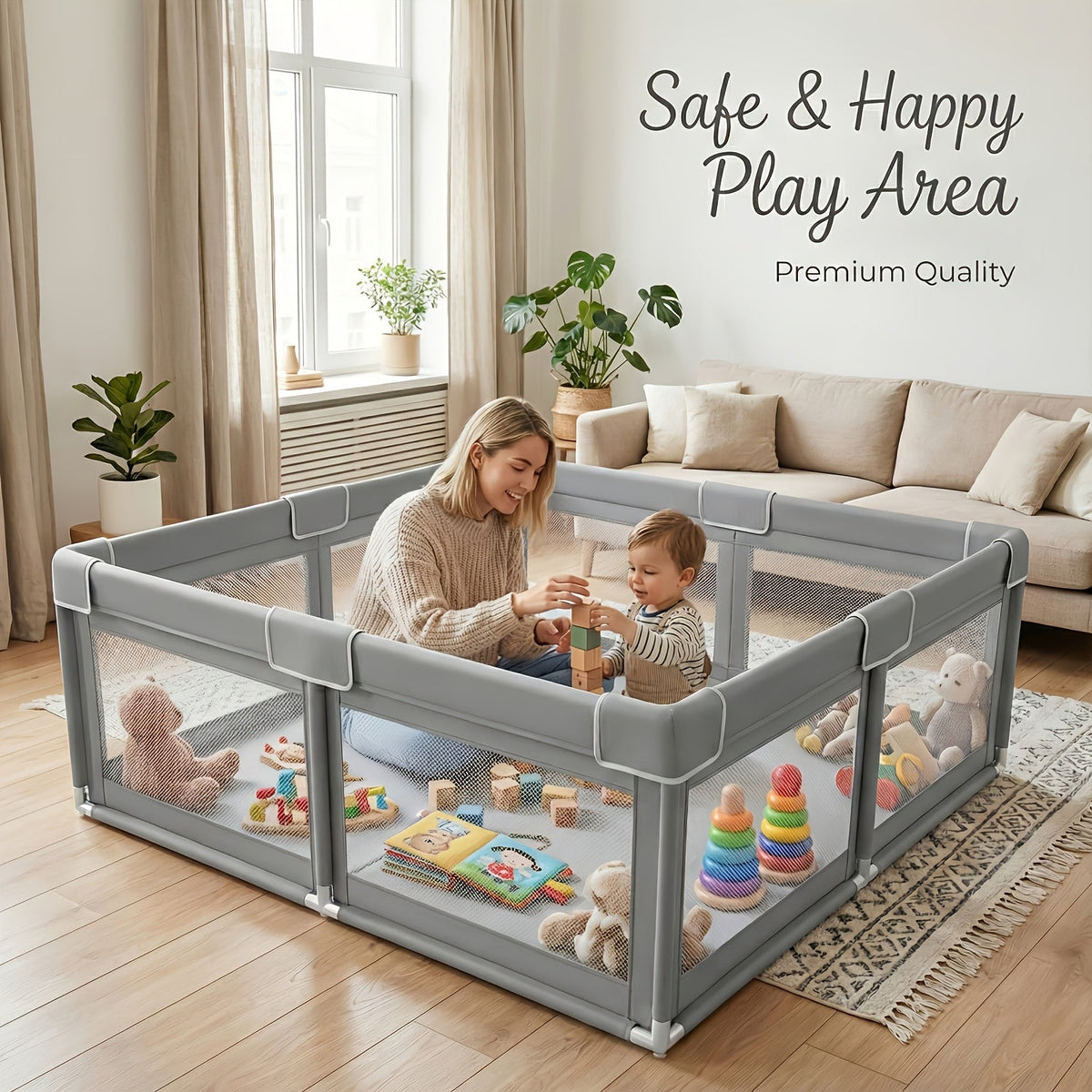 Baby Playpen & Kids Activity Center, Sturdy Safe Soft Breathable Mesh Indoor & Outdoor Toddler Play Yard, Easy Assembly Durable Baby Play Pen for Infants & Toddlers, Multiple Sizes, Beige & Grey